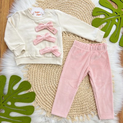 Conj. Casaco 3 Laços e Calça Legging em Plush - Areia e Rose